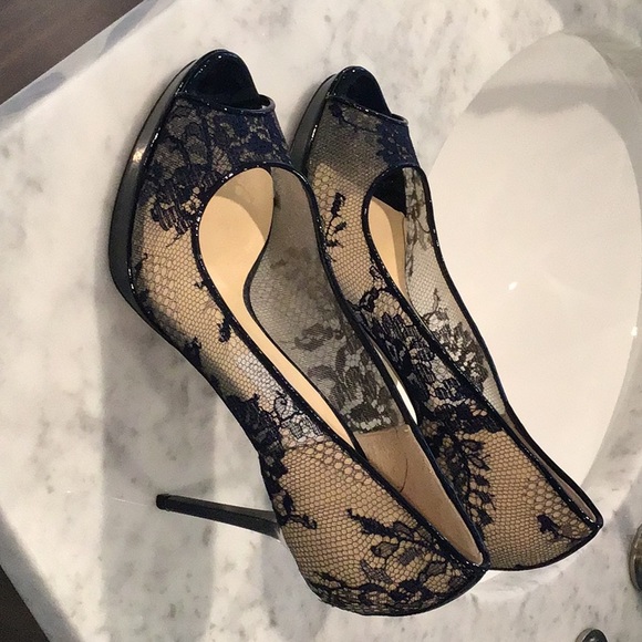 Jimmy Choo Lace Navy High Heeled Pumps - Picture 2 of 6